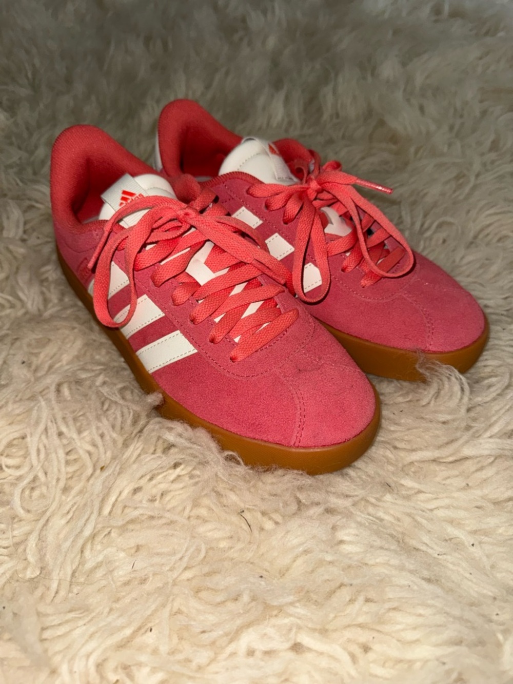 adidas Women's Pink Suede Sneakers with White Stripes and Gum Sole